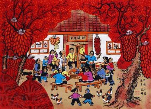 Drum and Music Circle - Chinese Folk Art Painting