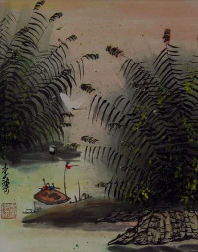 Cranes and Boat at the River Bank - Asian Landscape Painting