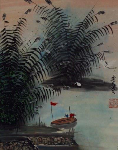 Boat and Cranes at the River Bank - Chinese Landscape Painting