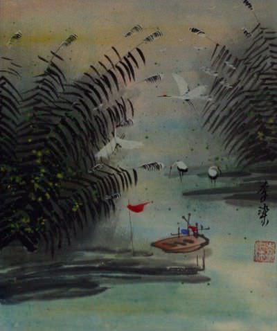 Boat and Cranes at the River Bank - Chinese Landscape Artwork