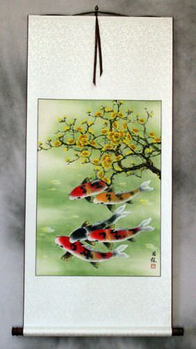 Koi Fish & Plum Blossoms - Asian Silk Scroll