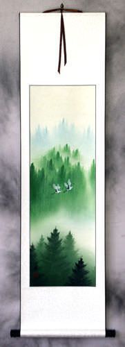 Companions Asian Cranes Landscape Wall Scroll
