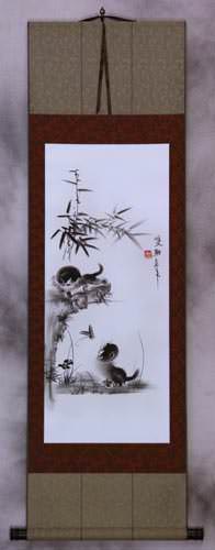 Charcoal Kittens and Butterfly Wall Scroll