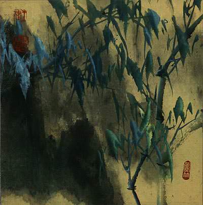 Abstract Blue Green Bamboo at Twilight - Chinese Painting
