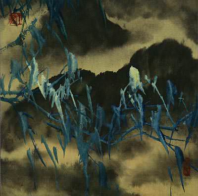 Abstract Blue Green Bamboo at Twilight - Chinese Painting