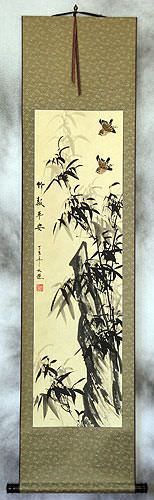 Black Ink Bamboo and Birds Wall Scroll
