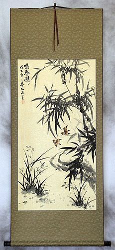 Bamboo and Birds - Chinese Black Ink Wall Scroll