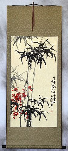 Huge Chinese Bamboo and Plum Blossom Wall Scroll