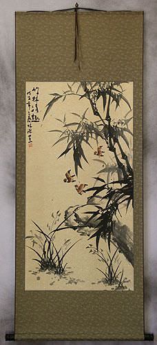 Large Chinese Black Ink Bamboo Wall Scroll