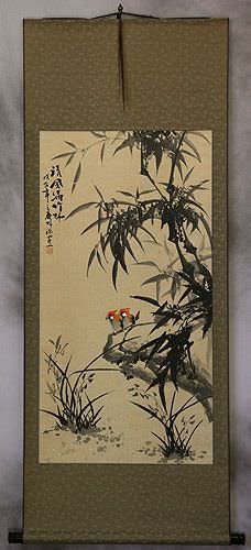 Chinese Black Ink Bamboo and Birds Wall Scroll