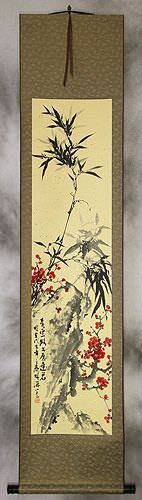 Black Ink Bamboo and Plum Blossom Wall Scroll