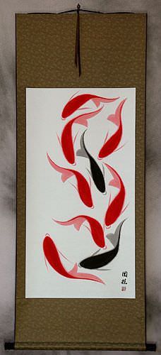 Nine Abstract Koi Fish Large Wall Scroll