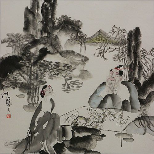 Jiang Feng's Drinking Tea with a Beauty - Abstract Chinese Art