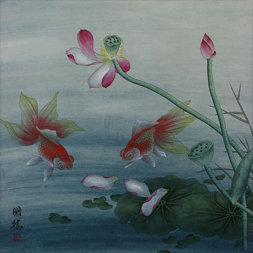 Gold Fish and Lotus Flower - Chinese Painting