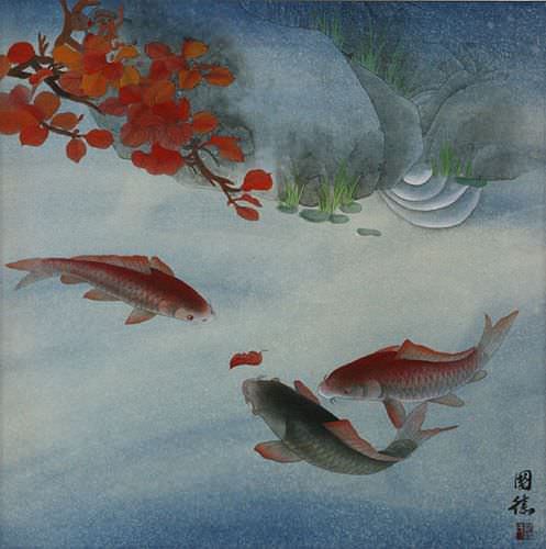 Koi Fish and Autumn Leaves - Chinese Painting