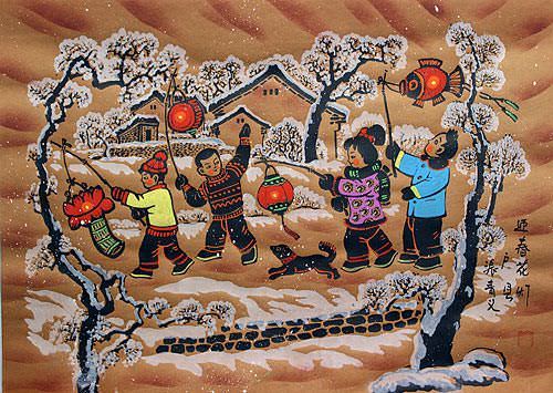 Paper Lanterns Greeting the Springtime - Chinese Folk Art Painting