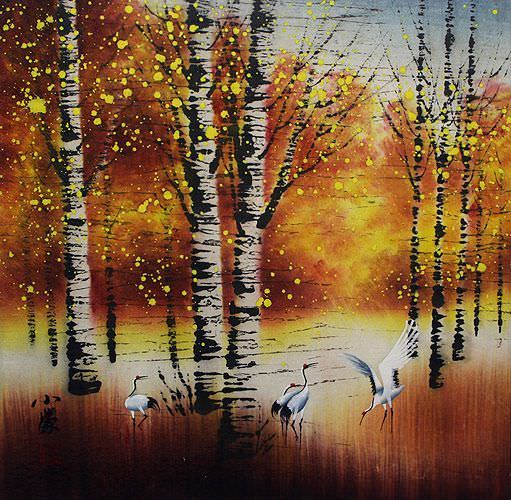 Autumn in Birch Forest - Asian Cranes Landscape Painting