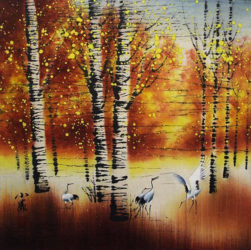 Birch Forest in Autumn - Asian Cranes Landscape Painting