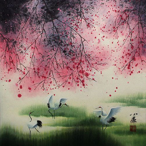 Four Seasons Cranes Chinese Watercolor Painting