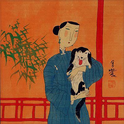 Chinese Woman and Dog - Modern Art Painting