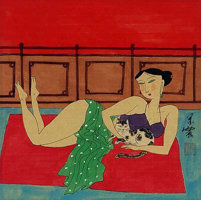 Asian Woman and Cat - Modern Asian Art Painting