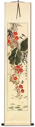 Birds, Butterfly, Morning Glory Flowers, Bamboo - Chinese Scroll