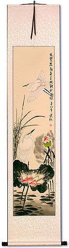 Egret Birds and Lotus Wall Scroll