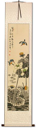 Kingfisher Birds in Autumn Lotus Pond - Chinese Scroll