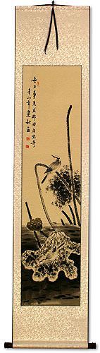 Kingfisher Bird and Withering Lotus - Wall Scroll