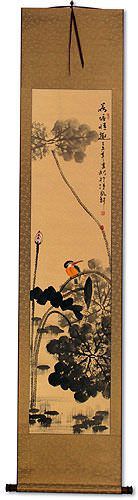 Kingfisher Bird in Perched on Lotus - Wall Scroll