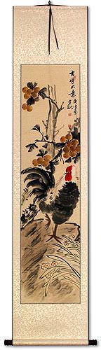 Good Luck Rooster and Lychee Wall Scroll