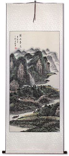 Chinese Village Boat and River Landscape Wall Scroll