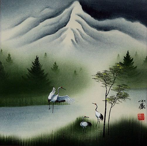 Colorful Asian Cranes Painting