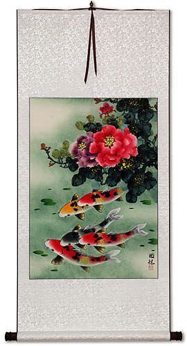 Koi Fish & Peony Flower - Chinese Scroll