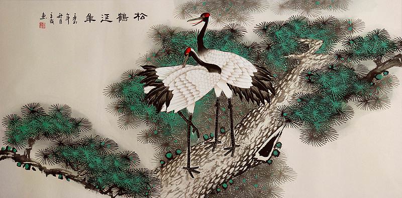 Pine Tree and Cranes Longevity - Large Painting