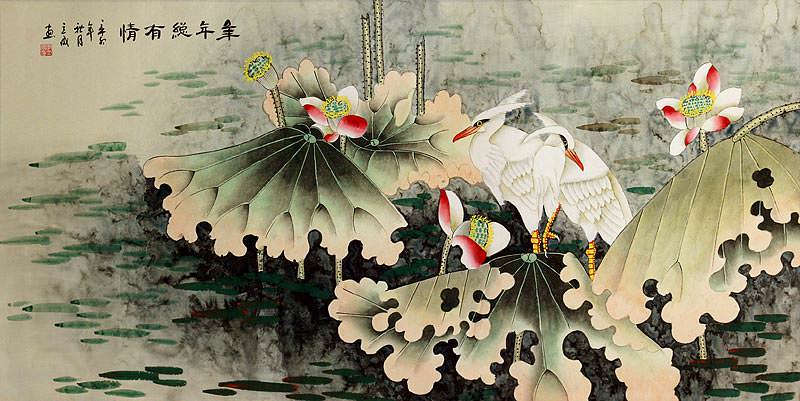 Egrets and Lotus Flowers - Eternal Love - Large Painting