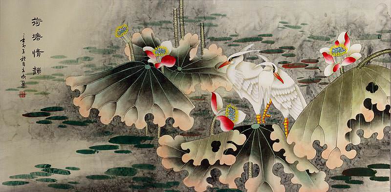 Sentimental Egrets in the Lotus Pond - Large Painting