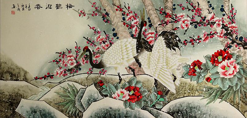 Asian Cranes with Plum Blossoms Peony Flowers - Large Painting