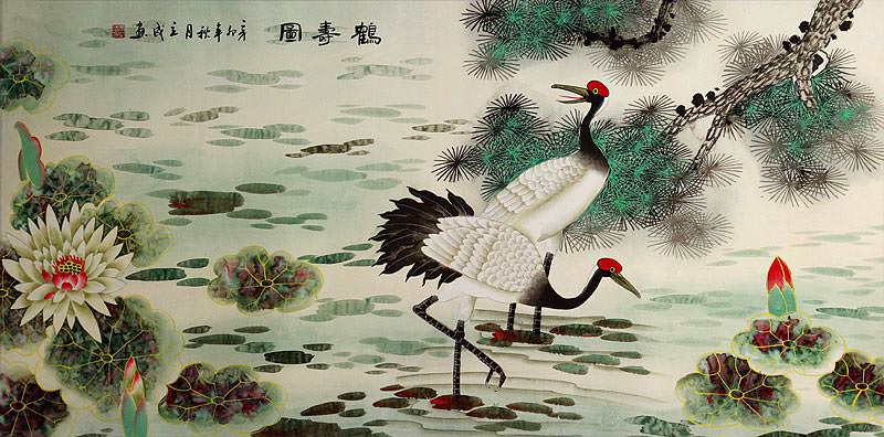Pine Tree, Lotus and Cranes Longevity - Large Painting