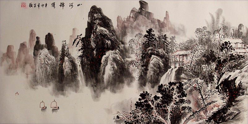 Large Boats and Mountains of Li River Landscape Painting