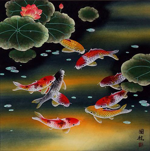 Nine Koi Fish and Lotus Flowers Painting