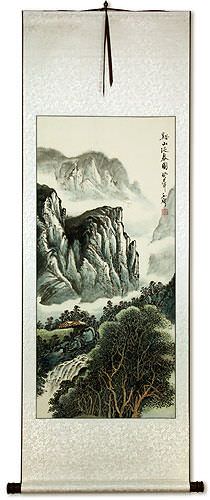 Mountains Waterfall and River Village Home - Chinese Landscape Wall Scroll