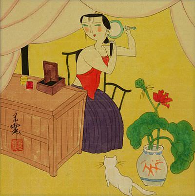 Chinese Woman Checking Hair - Modern Art Painting