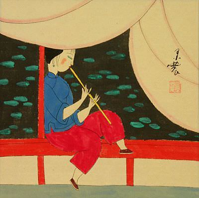 Woman Playing Flute by Pond - Modern Art Painting