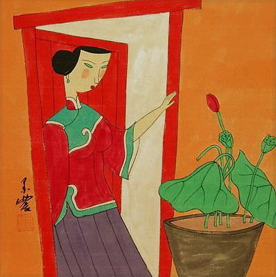 Asian Woman and Lotus Flowers - Modern Art Painting