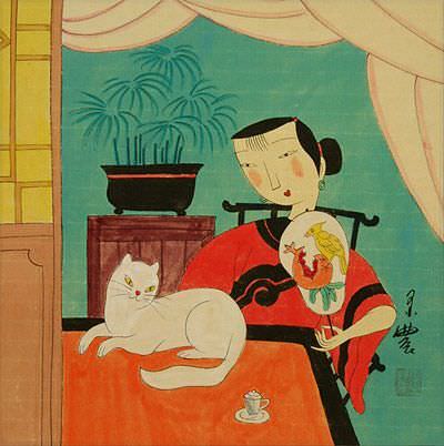 Woman and Cat - Asian Modern Art Painting