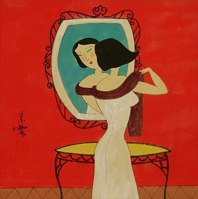 Elegant Woman Mirror Gazing - Modern Art Painting