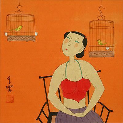 Woman and Bird Cages - Chinese Modern Art Painting