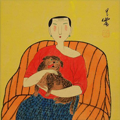 Woman and Dog - Chinese Modern Art Painting