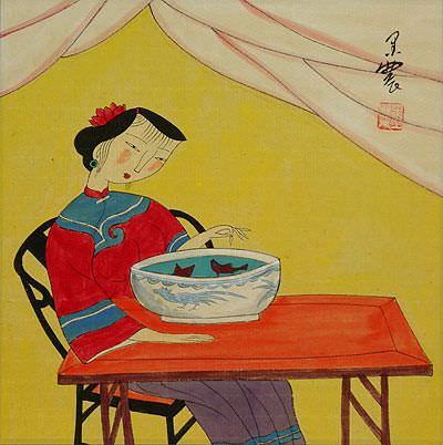 Asian Woman, Fish Bowl and Cat - Modern Art Painting